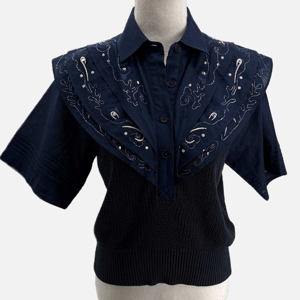 Hunter Bell NY Cotton & Linen Mixed Media Embroidered Top in Navy - NWOT - XS
